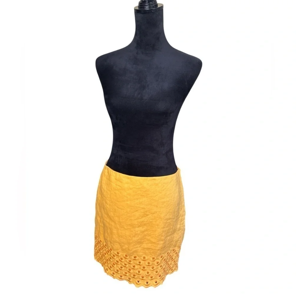Michael Kors Yellow Linen Skirt Size 10 Eyelet Floral Hem Embroidered